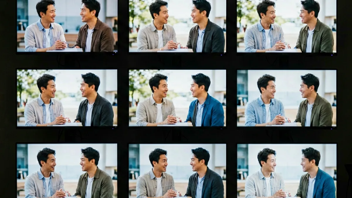 一张展示男同视频内容生态全景的示意图，画面中呈现多个屏幕播放不同类型的男同题材影像内容