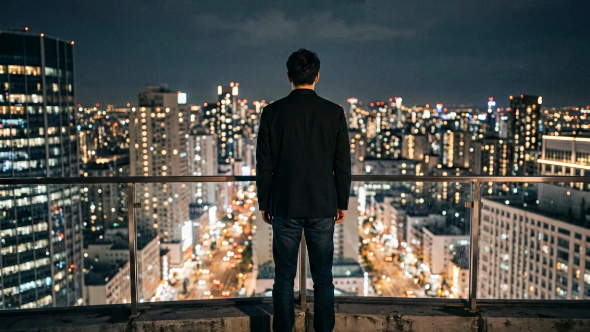 男同视频夜景场景：主角站在城市高处眺望夜空，孤独与释然并存，是都市情感叙事的典型画面