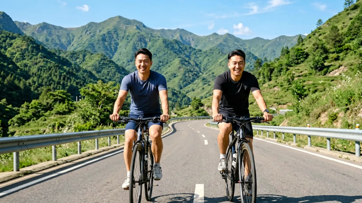 男同视频中的旅途场景：两位男性主角在山路上并肩骑行，背景是连绵山脉与蓝天，象征自由与陪伴