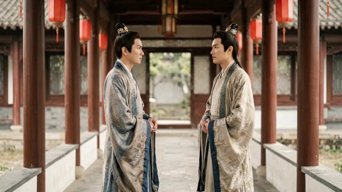 男同视频历史题材画面：两位男性角色身着古典服饰相对而立，背景为庭院长廊，构图典雅